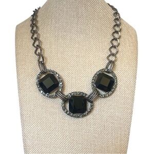 Elegant Black Glass and Gunmetal Tone Sparkling Statement Necklace